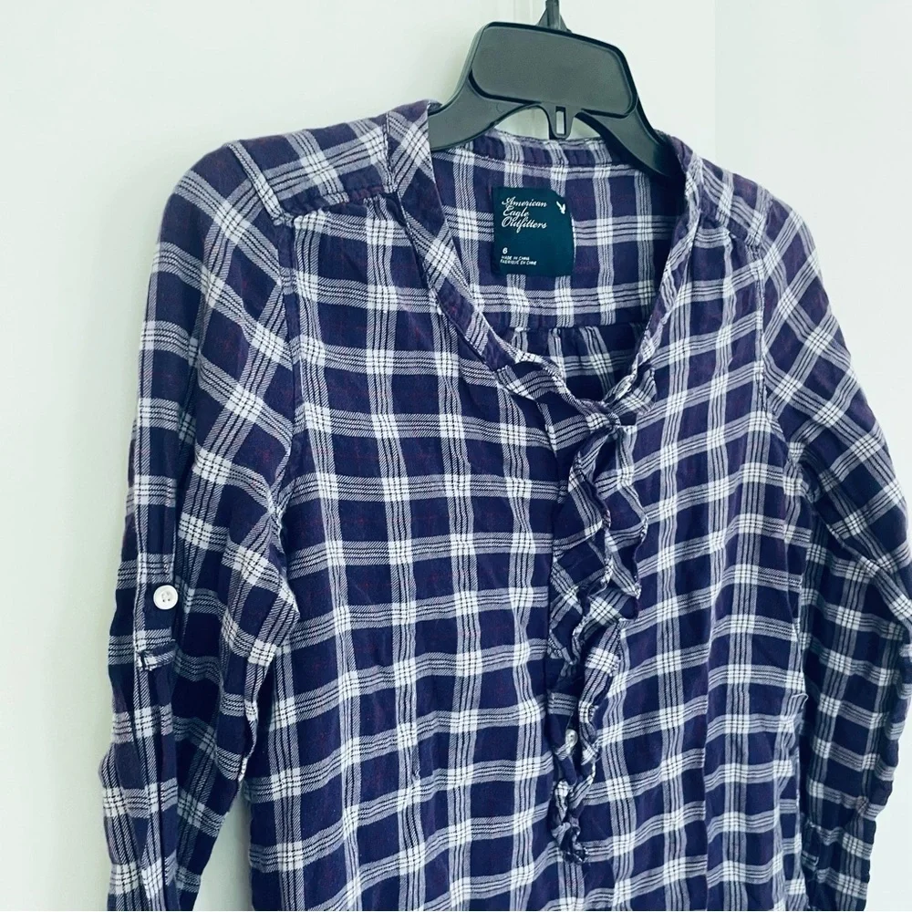 AEO Cotton Plaid Ruffle Neck Long Sleeve Top Purple Size 6 - Picture 3 of 11